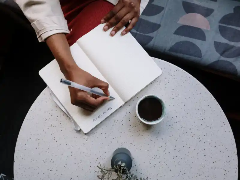 A notebook and a coffee cup