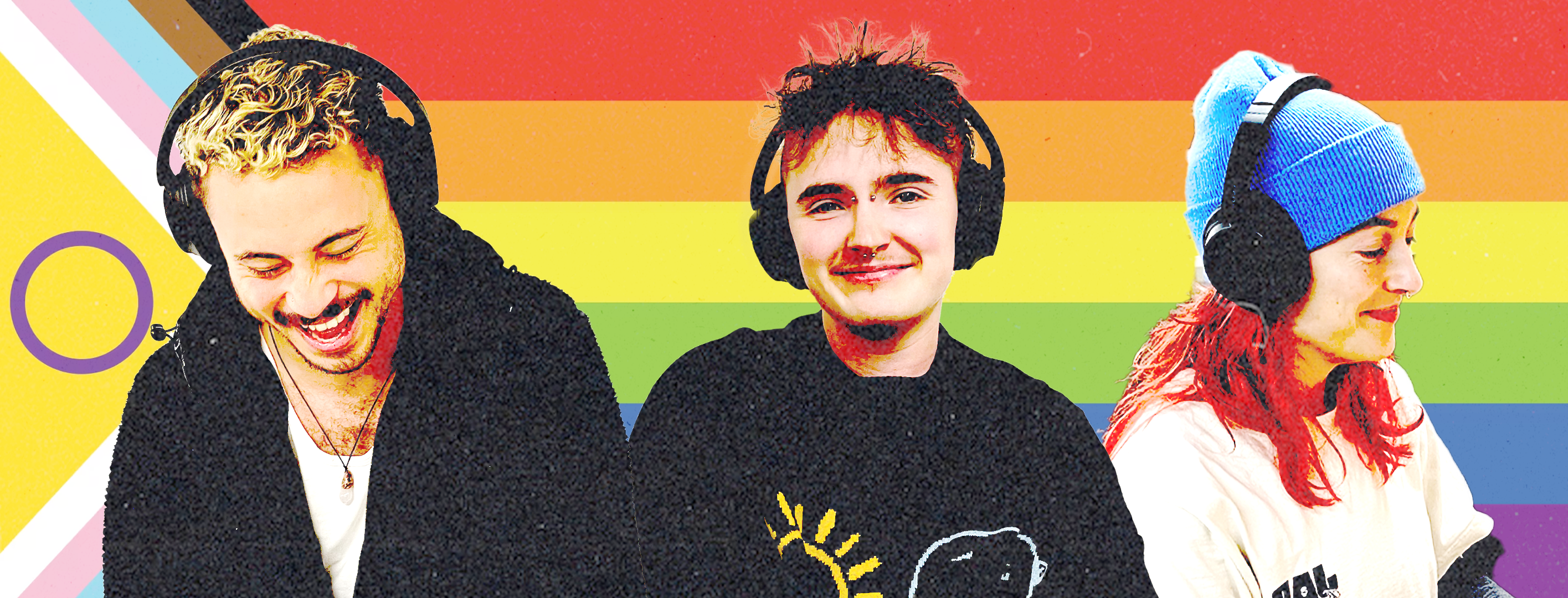 three of the people involved in Queer Talk pose in headphones, in front of a rainbow flag background